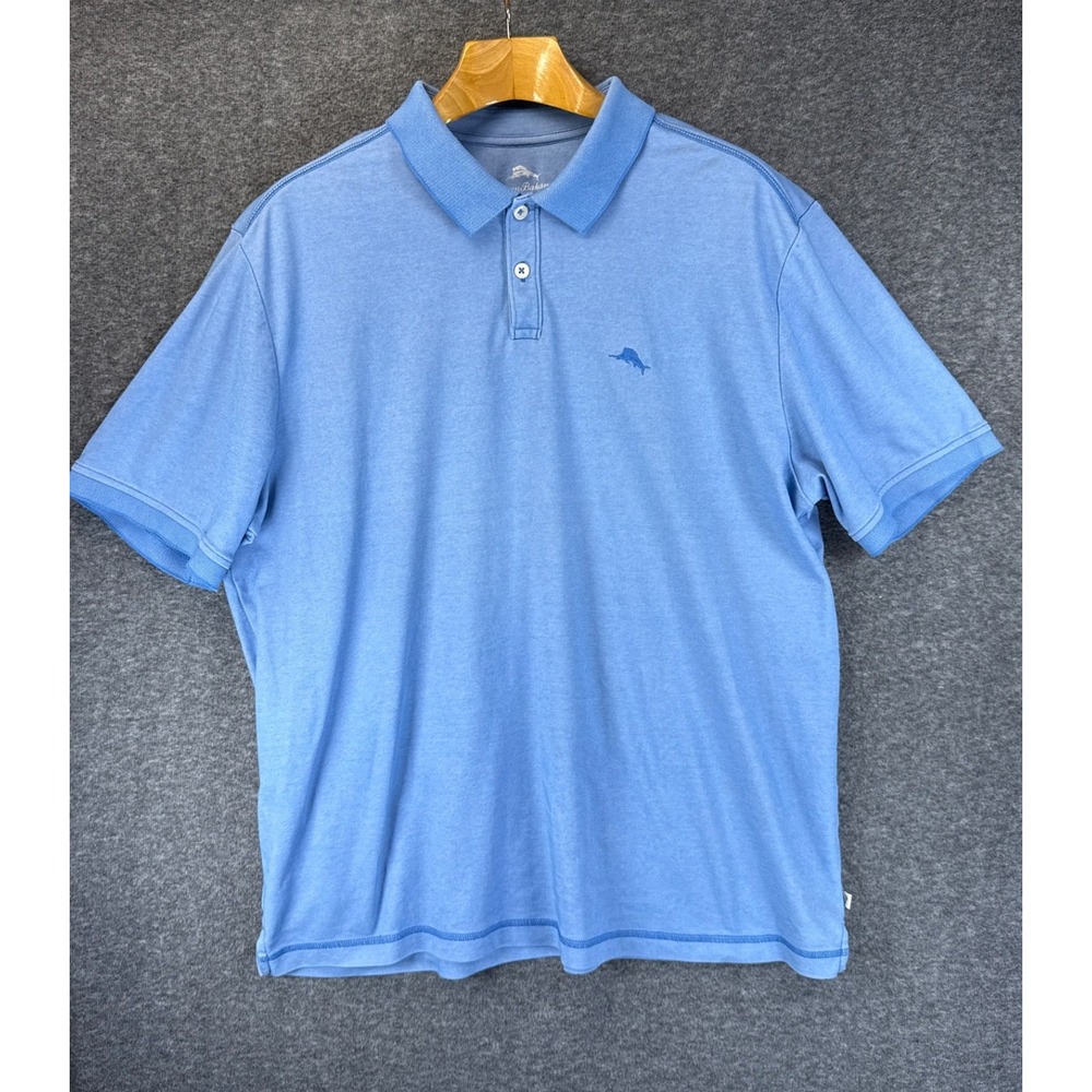 Tommy Bahama Polo Shirt Mens XXL Blue Short Sleeve Cotton Blend Logo Moisture W